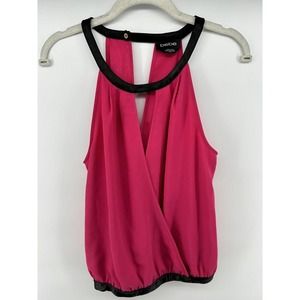 Bebe Top Womens Sz XS Pink/Black Halter Sleeveless Surplice Keyhole